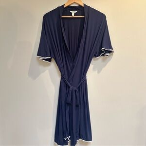 Soma, Navy Wrap Robe, White Pom Trim, Self-Tie Waist, Women's Size S/M